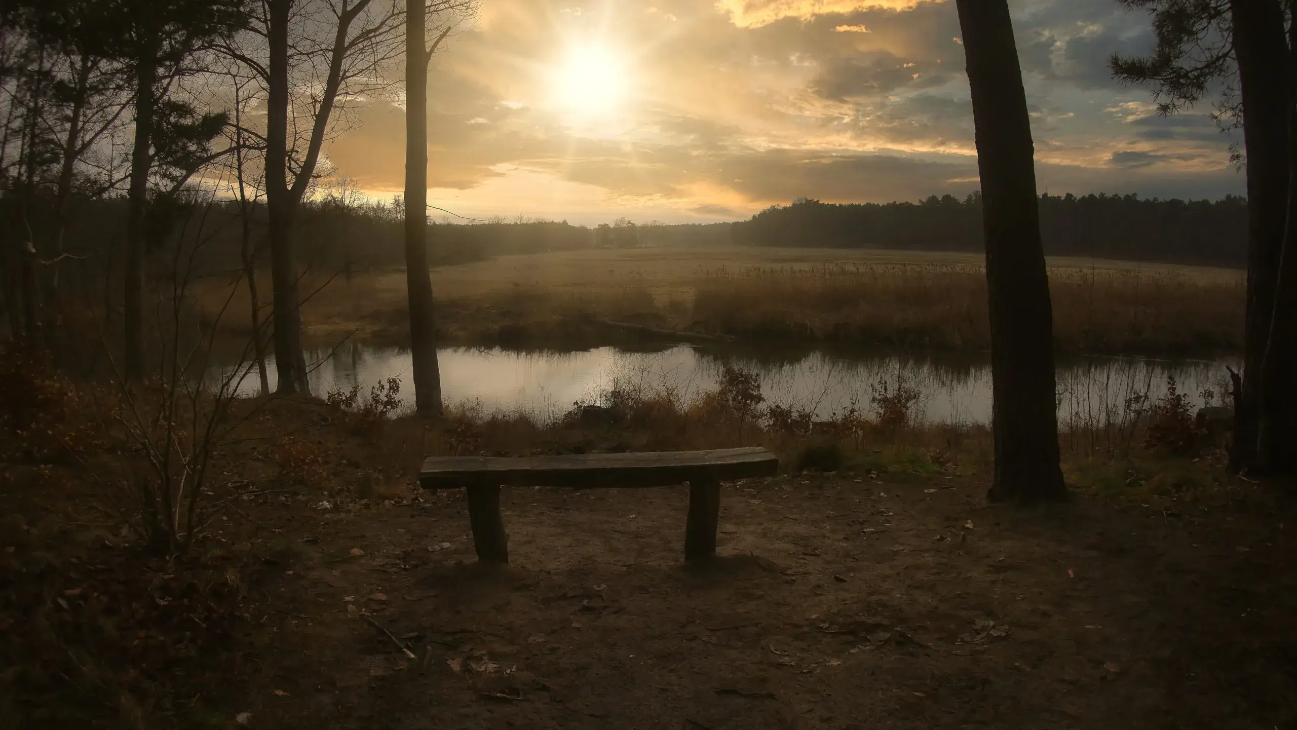 Dramatischer Sonnenaufgang über einer Flussaue