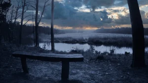 Ein dramatischer Sonnenaufgang über einer winterlichen Flussbiegung