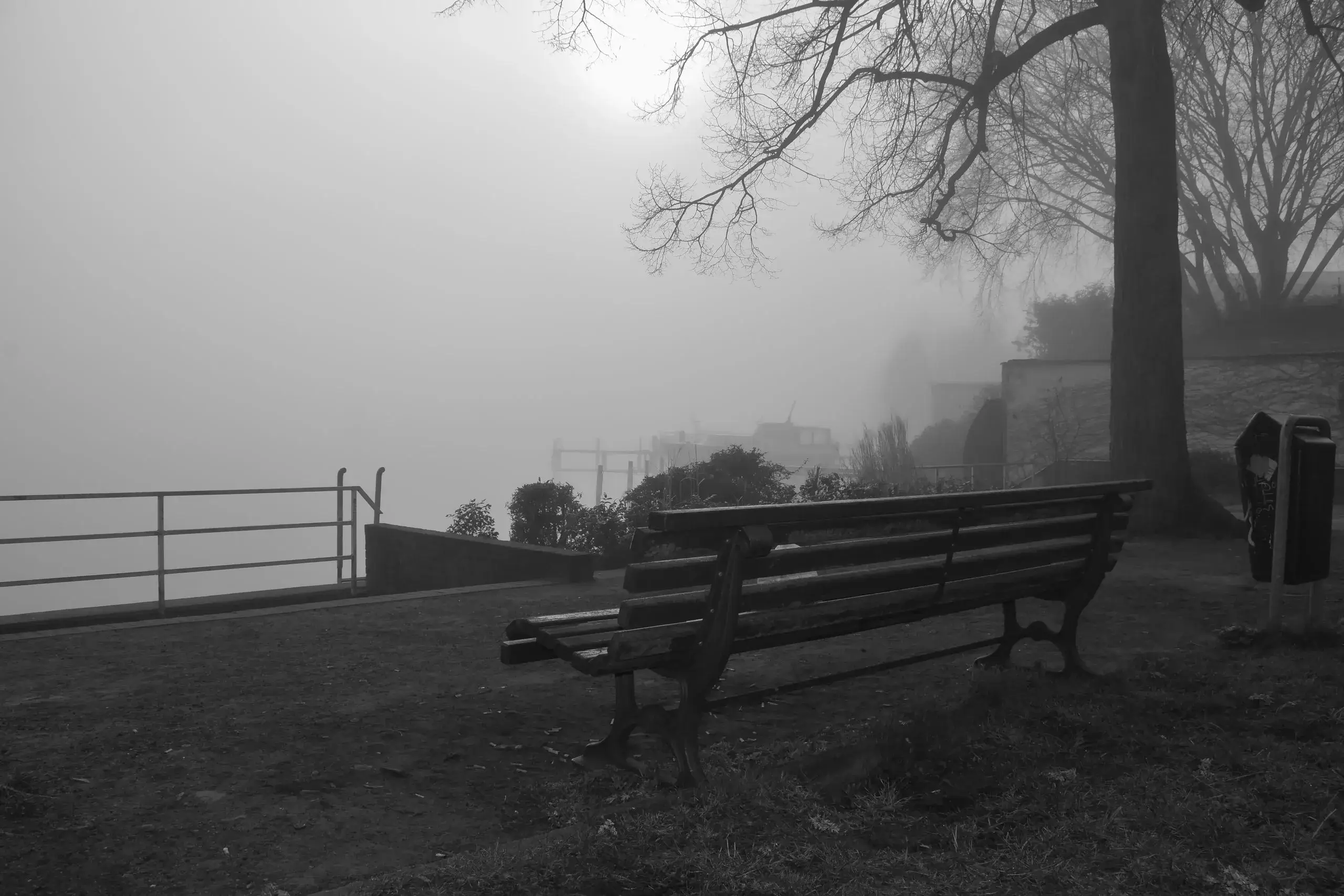 Eine einsame Bank an einem nebeligen Morgen im Park