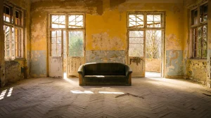 Eine einsame grüne Couch in einem abgerockten Raum im Lostplace Heilstätten Grabowsee