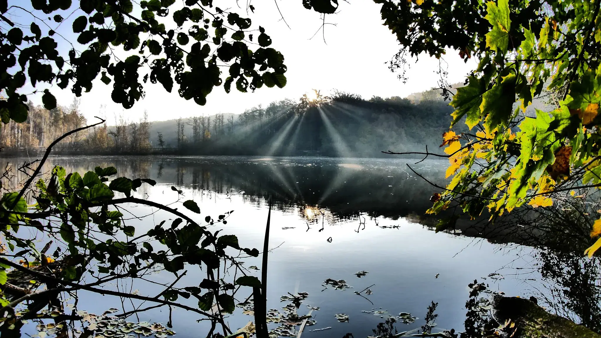Teufelssee mit Sonnenstrahlen in den Müggelbergen in Berlin